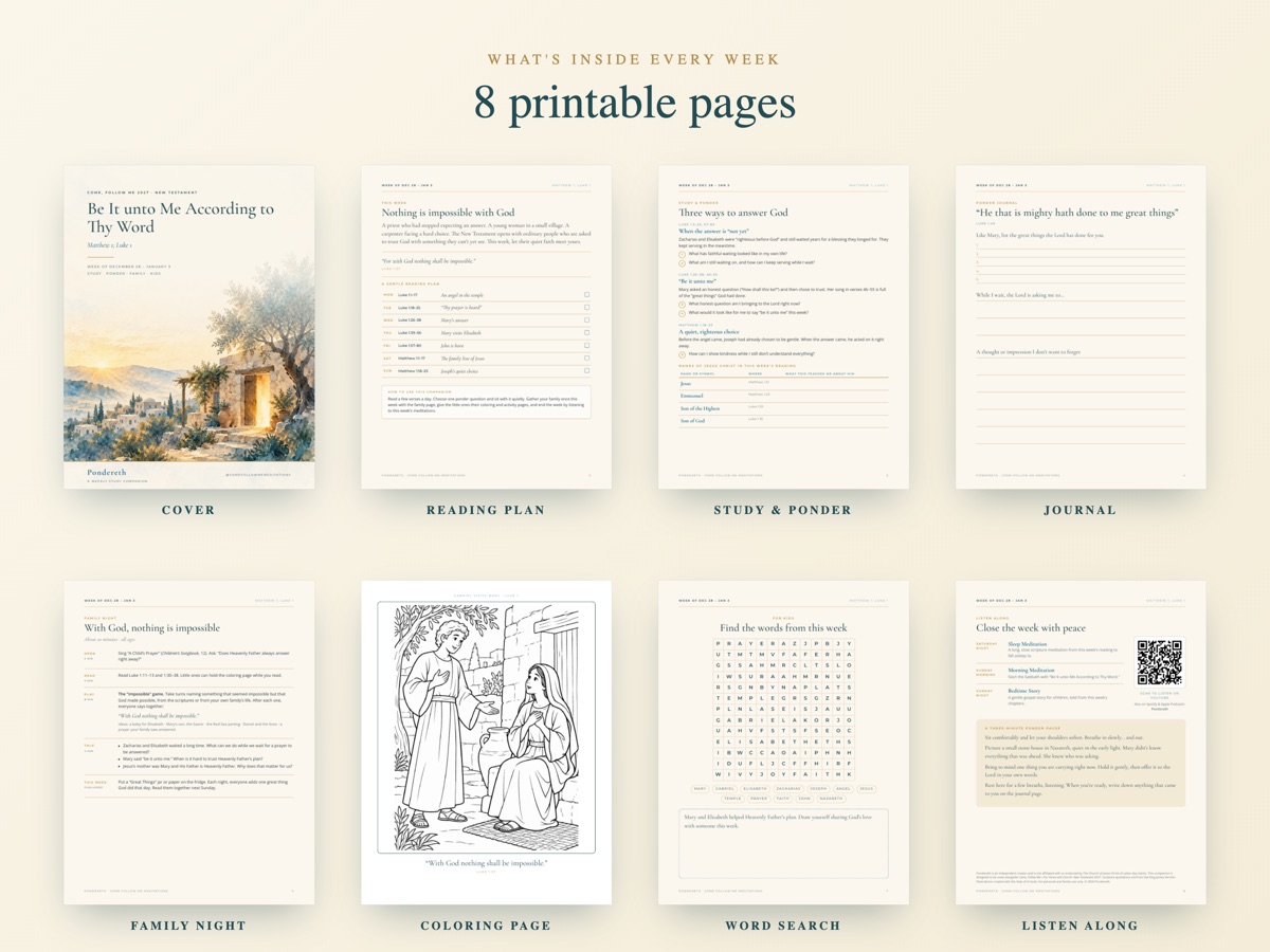 All eight pages of a weekly companion: cover, reading plan, study and ponder, journal, family night, coloring page, word search and listen along